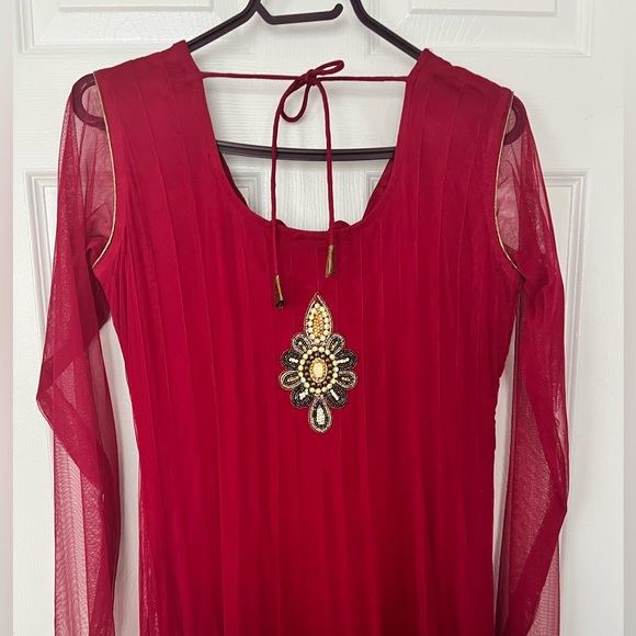 Red/Maroon Anarkali Suit Floor Length Gown - Picture 4 of 6